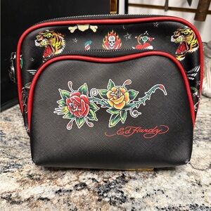 Ed Hardy Black and Red Cosmetic Bag set with Floral Design